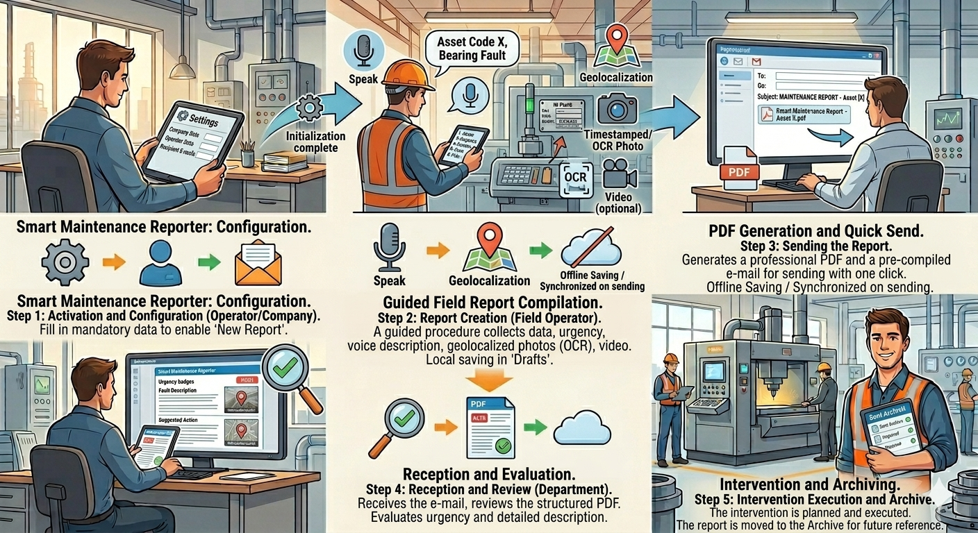 Flusso di lavoro SmartMaintenance: configurazione, creazione report sul campo, generazione PDF, invio, ricezione e archiviazione