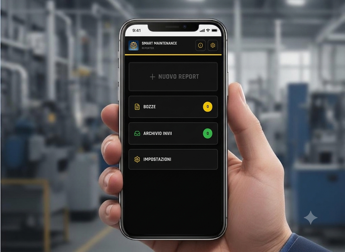 App SmartMaintenance su smartphone con un report di manutenzione industriale
